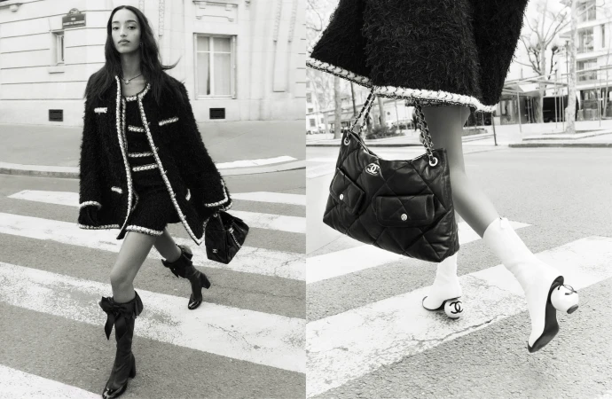 Mona Tougaard walking across a Paris street in a Chanel tweed jacket and skirt for the Fall 2025 ad campaign.