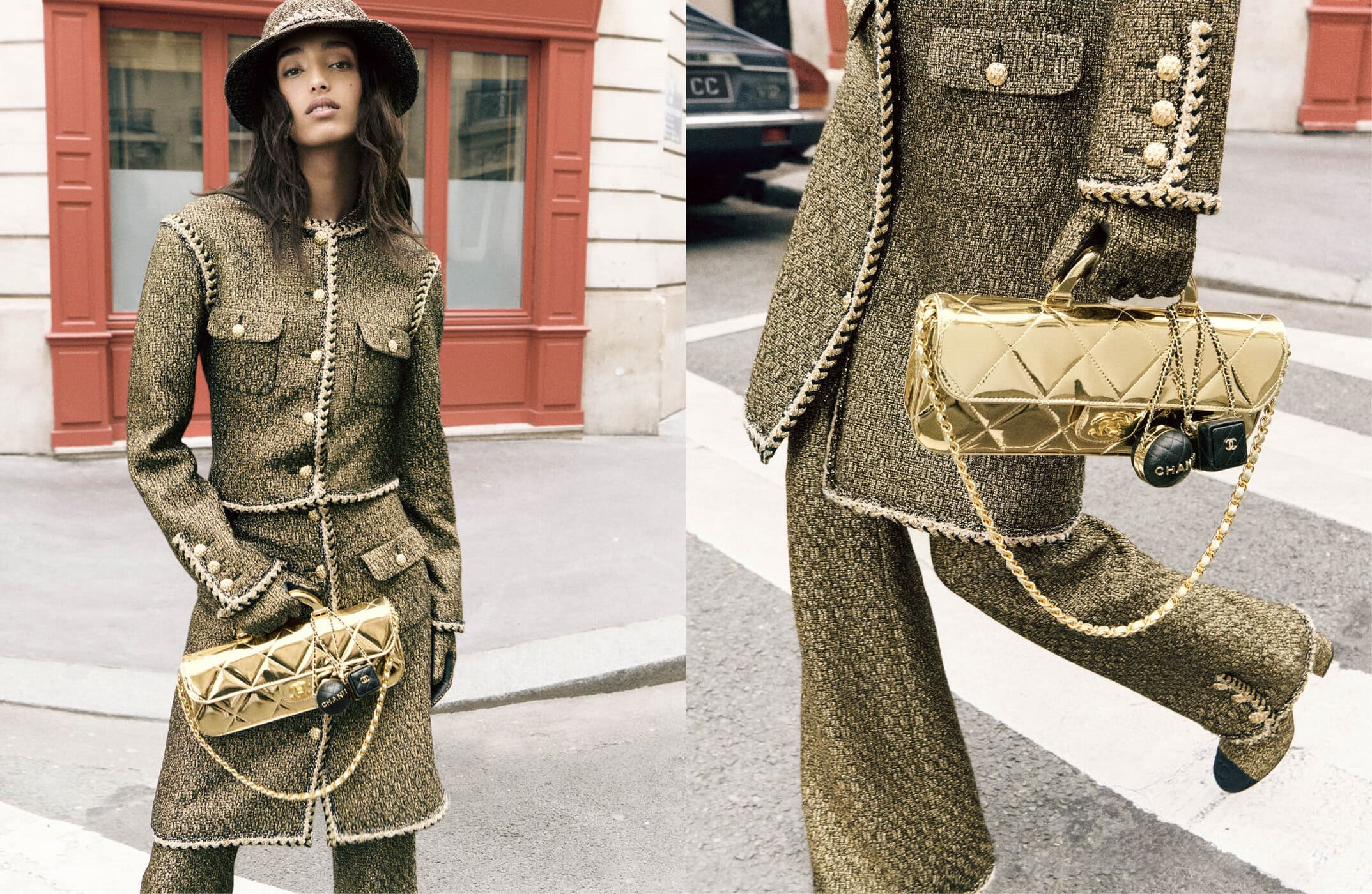 Model Mona Tougaard wearing a textured tweed coat and matching hat while holding a metallic gold quilted handbag on a city street.