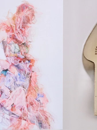 Model wearing a layered pink ruffled couture gown against a minimalist white background for Maison Margiela Artisanal Fall 2025 campaign.