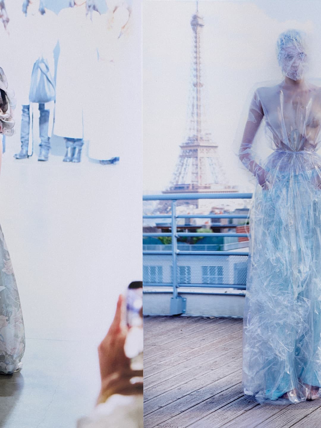 Model in sheer blue gown covered in translucent material on a wooden balcony with the Eiffel Tower in the background