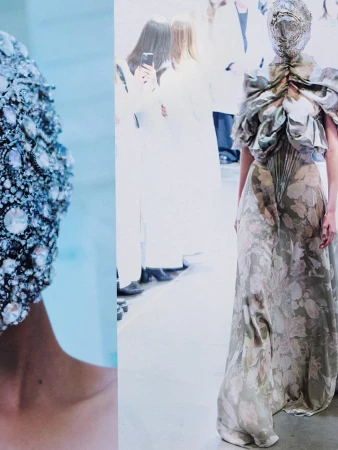 Model wearing a heavily embellished crystal mask and floral gown by Maison Margiela, captured by Arnaud Lajeunie.