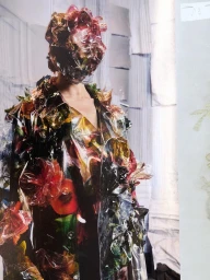 Model wearing a translucent floral-patterned vinyl coat and matching headpiece by Maison Margiela.