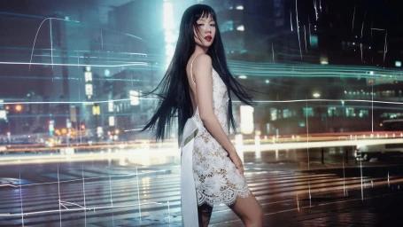 Jisoo in a white lace dress with long black hair standing on a city street at night with light streaks