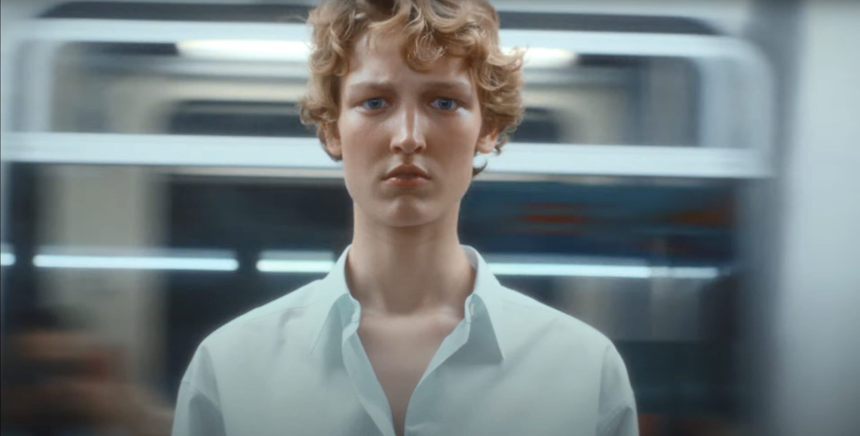 Close-up portrait of a person with curly light brown hair wearing a white collared shirt in a moving train interior