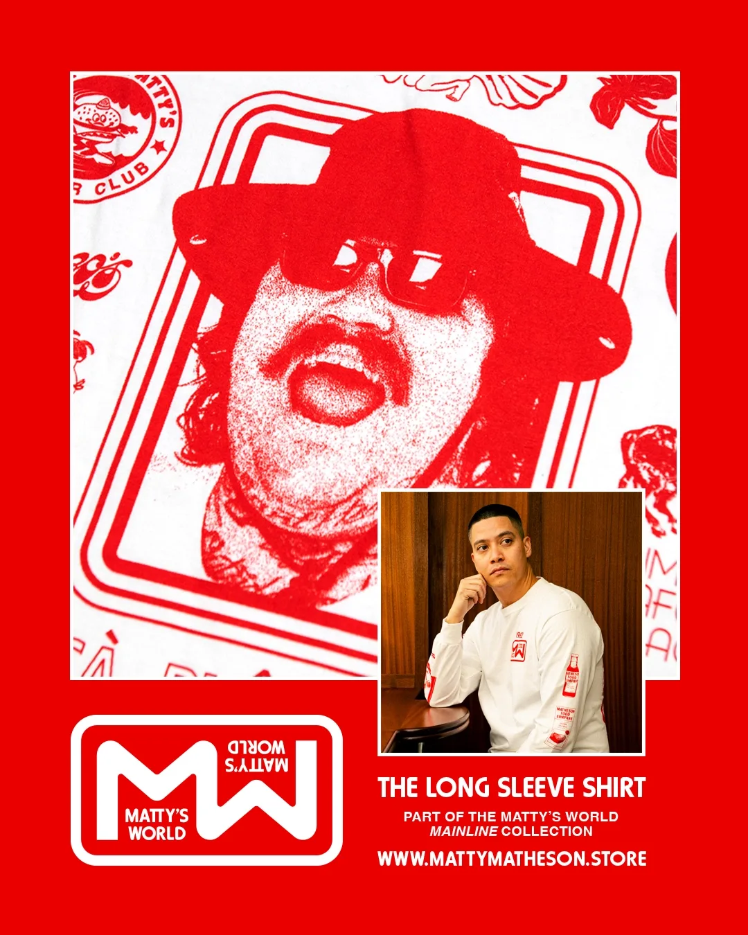 Red and white promotional graphic featuring Matty Matheson with a logo, illustrated portrait, and inset photo.