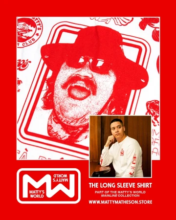 Red and white promotional graphic featuring Matty Matheson with a logo, illustrated portrait, and inset photo.