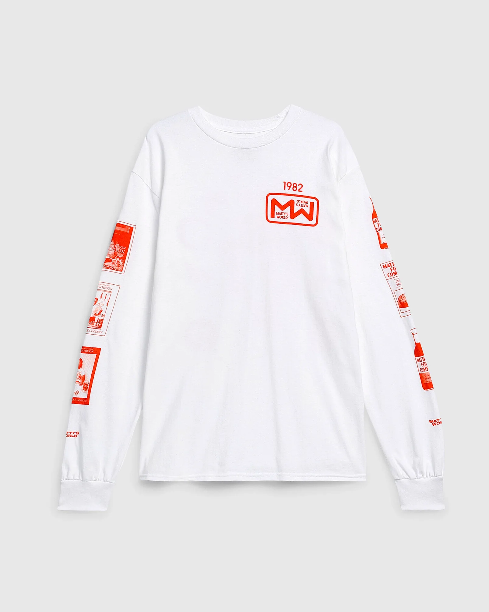 White long-sleeve t-shirt with red graphic prints on the chest and sleeves displayed against a plain background