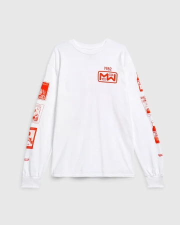 White long-sleeve t-shirt with red graphic prints on the chest and sleeves displayed against a plain background