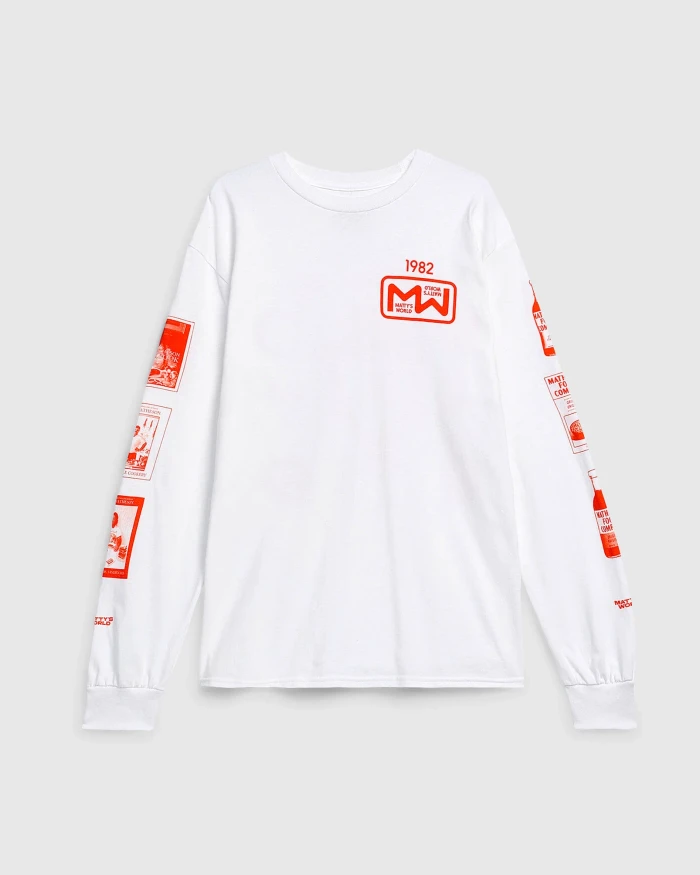 White long-sleeve t-shirt with red graphic prints on the chest and sleeves displayed against a plain background