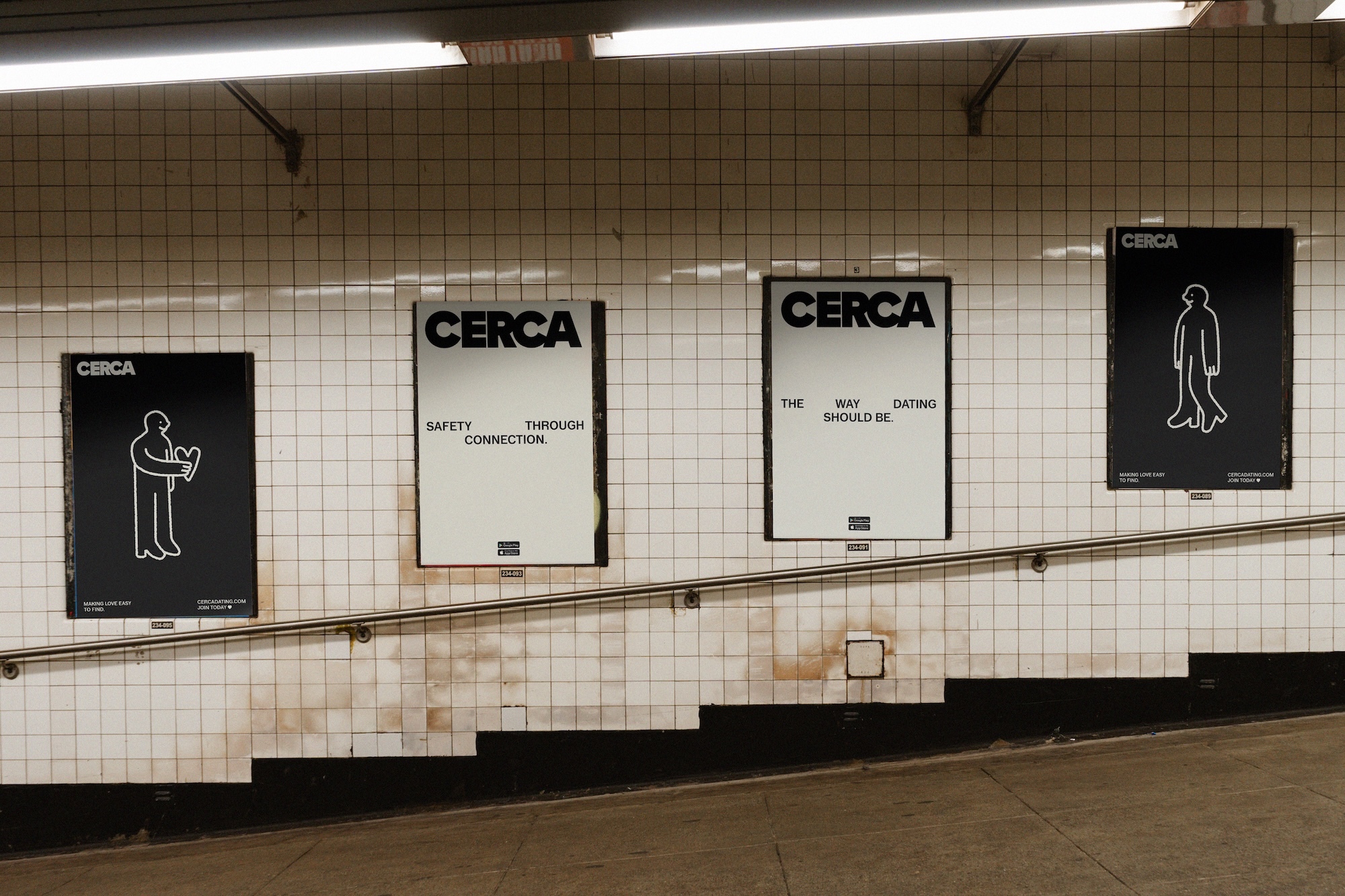 CERCA brand identity posters displayed on a tiled subway station wall with a metal handrail and sloped concrete floor.