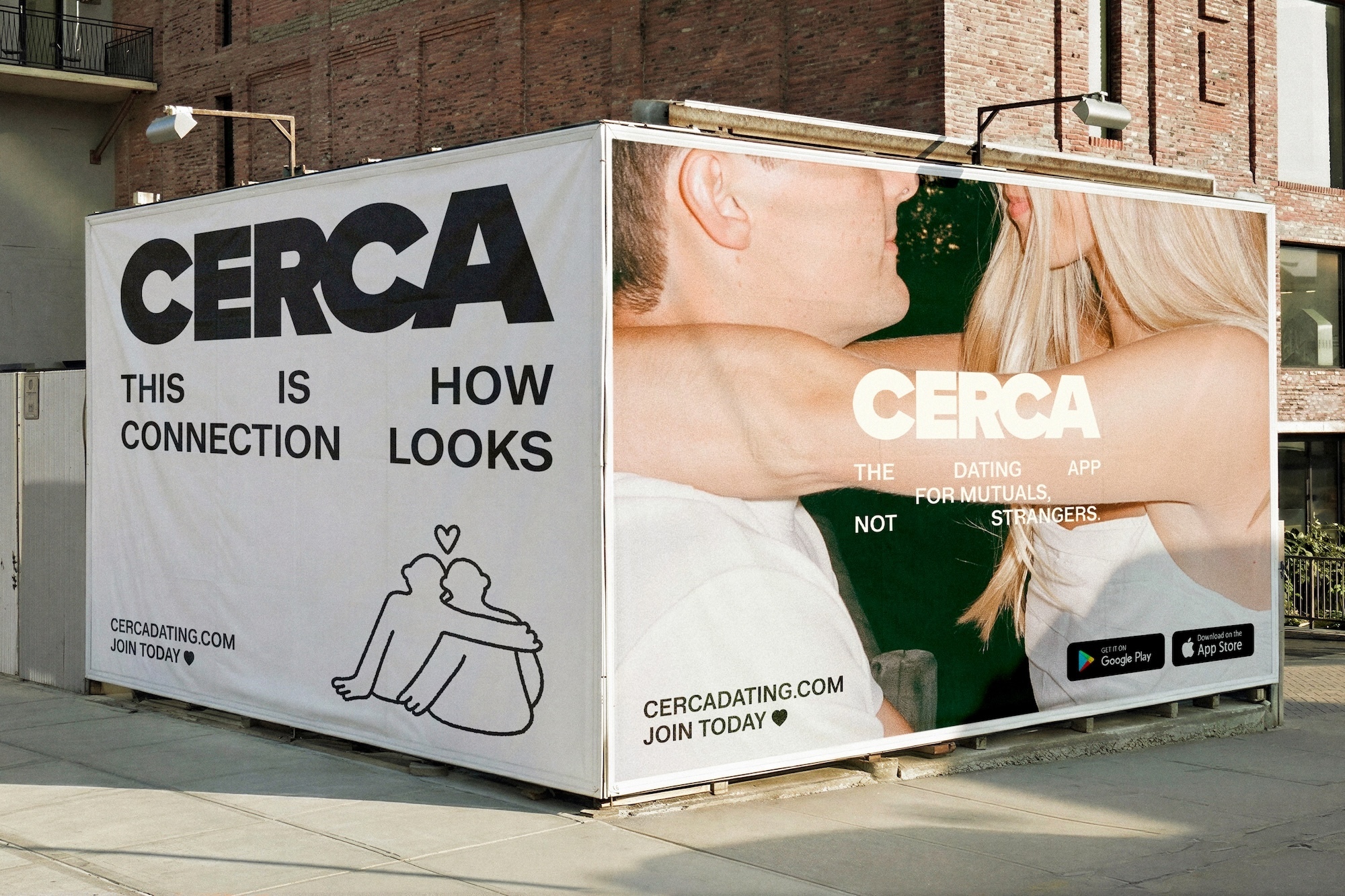 Large outdoor banner advertising CERCA dating app featuring bold typography and imagery of a couple embracing outdoors.