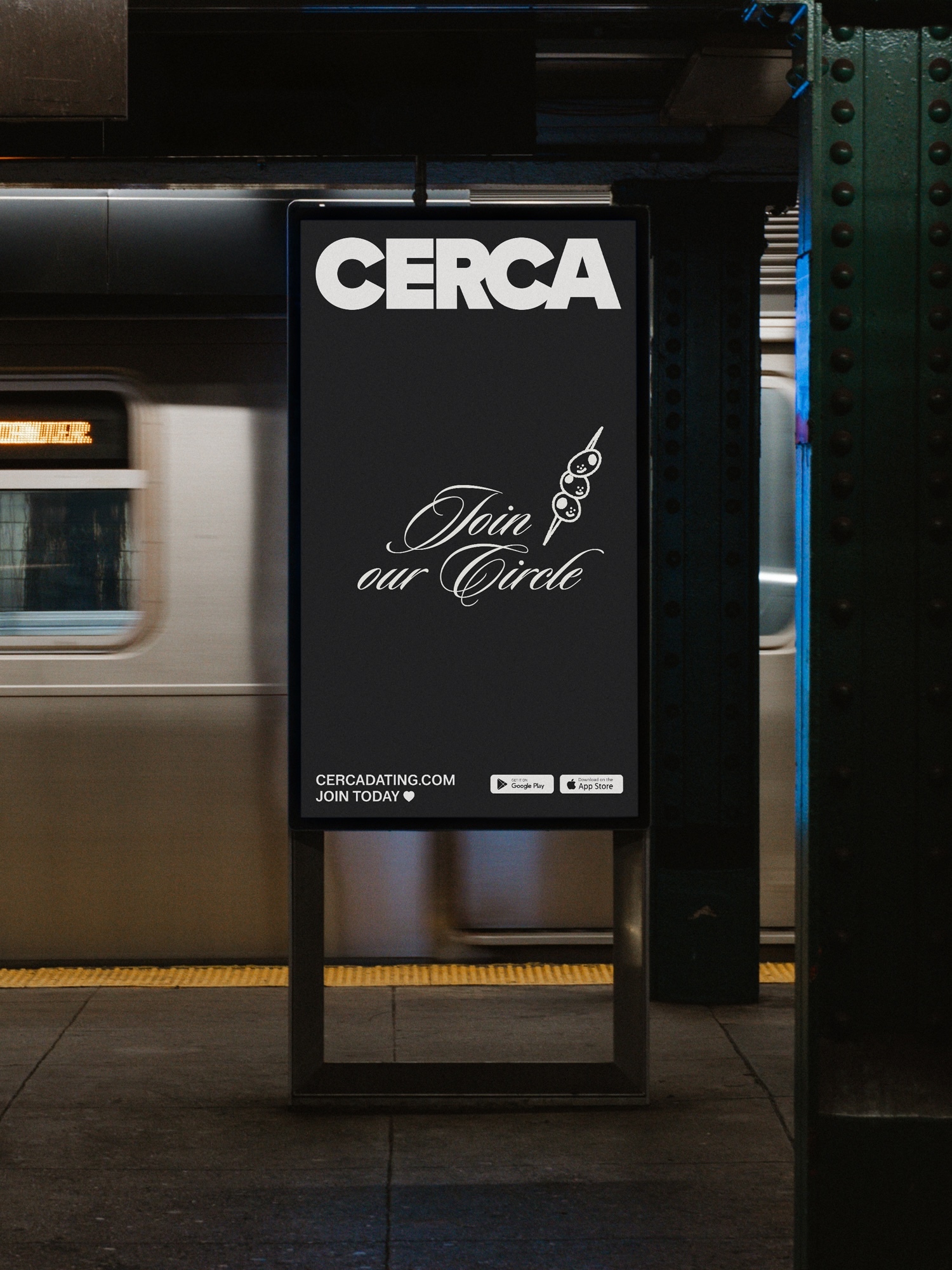 CERCA brand advertisement on a digital subway platform display in a transit station.