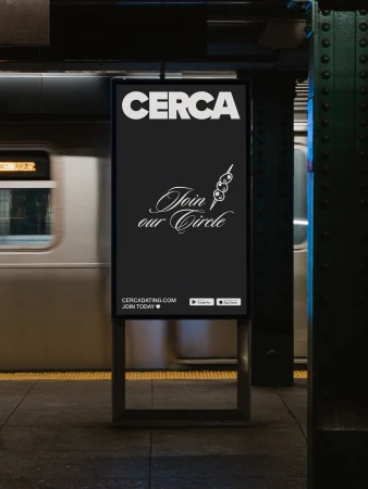 CERCA brand advertisement on a digital subway platform display in a transit station.
