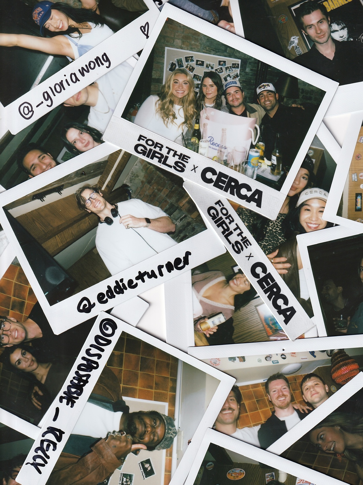 A flat lay composition of scattered polaroid photographs showing friends and social gatherings for CERCA brand identity.