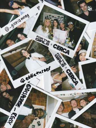 A flat lay composition of scattered polaroid photographs showing friends and social gatherings for CERCA brand identity.