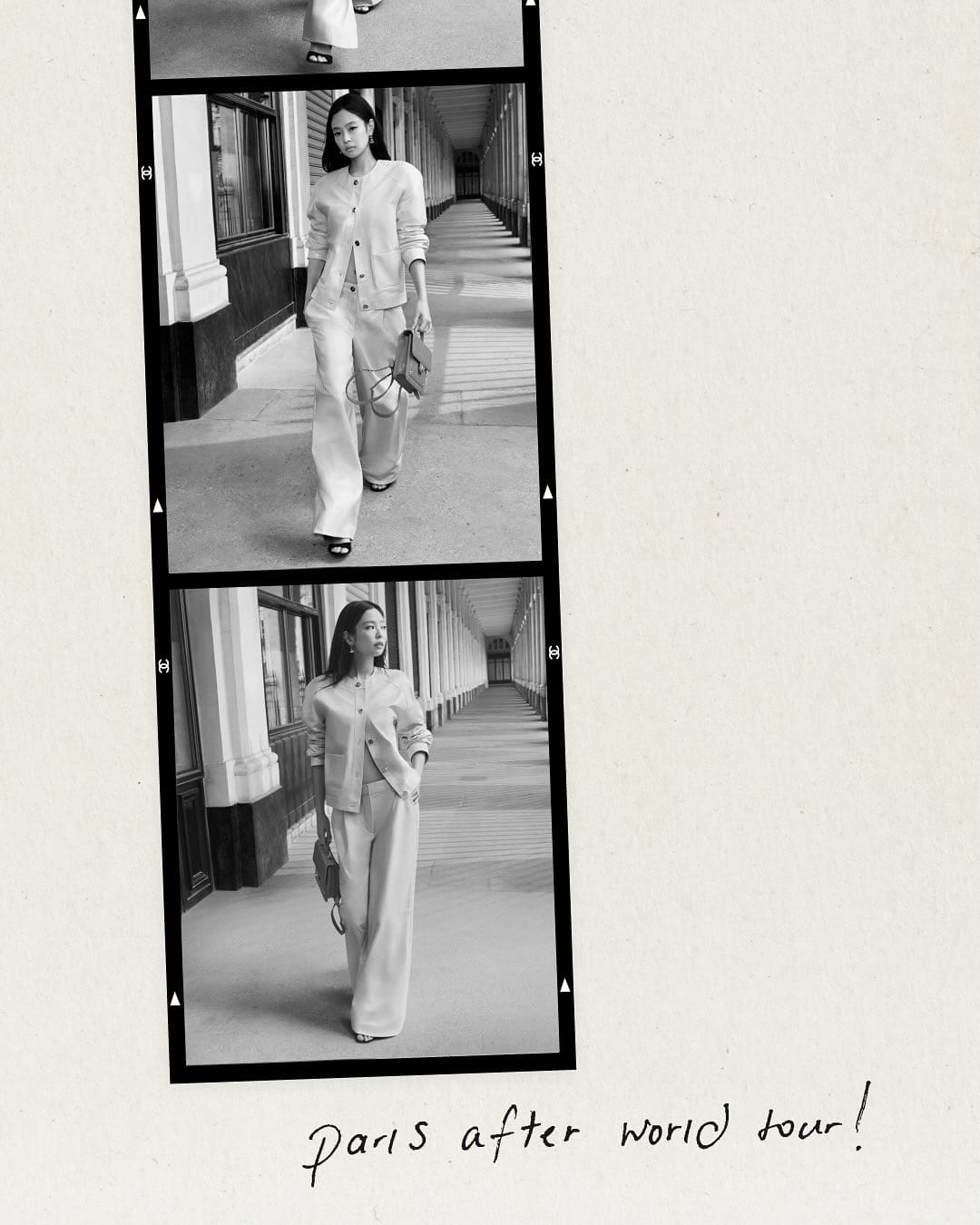 Monochrome film strip contact sheet showing Jennie walking down a colonnade holding a handbag, for Chanel Fall 2025 campaign