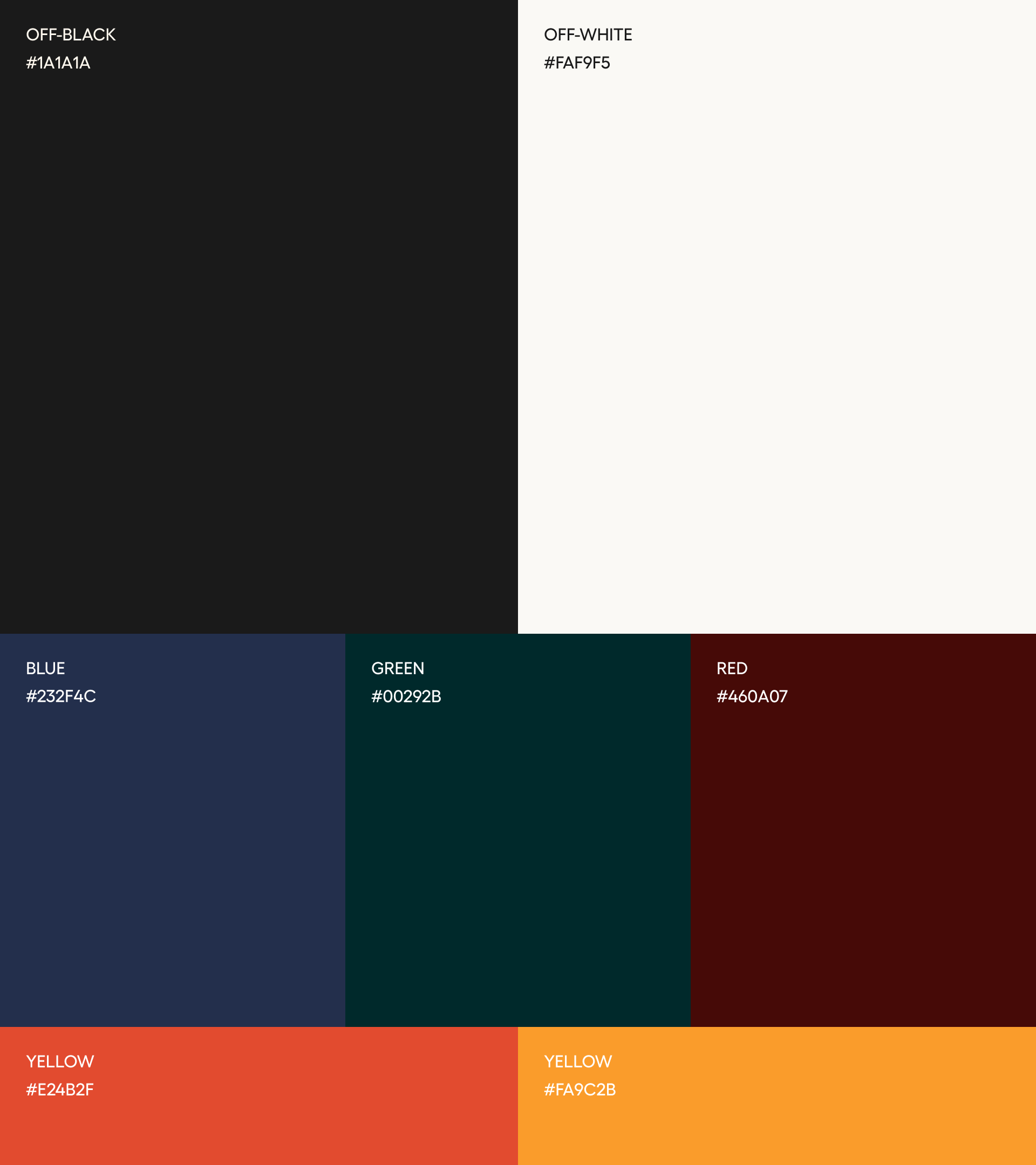 Colour palette swatch featuring blocks of off-black, off-white, blue, deep green, burgundy red, burnt orange, and golden yellow.