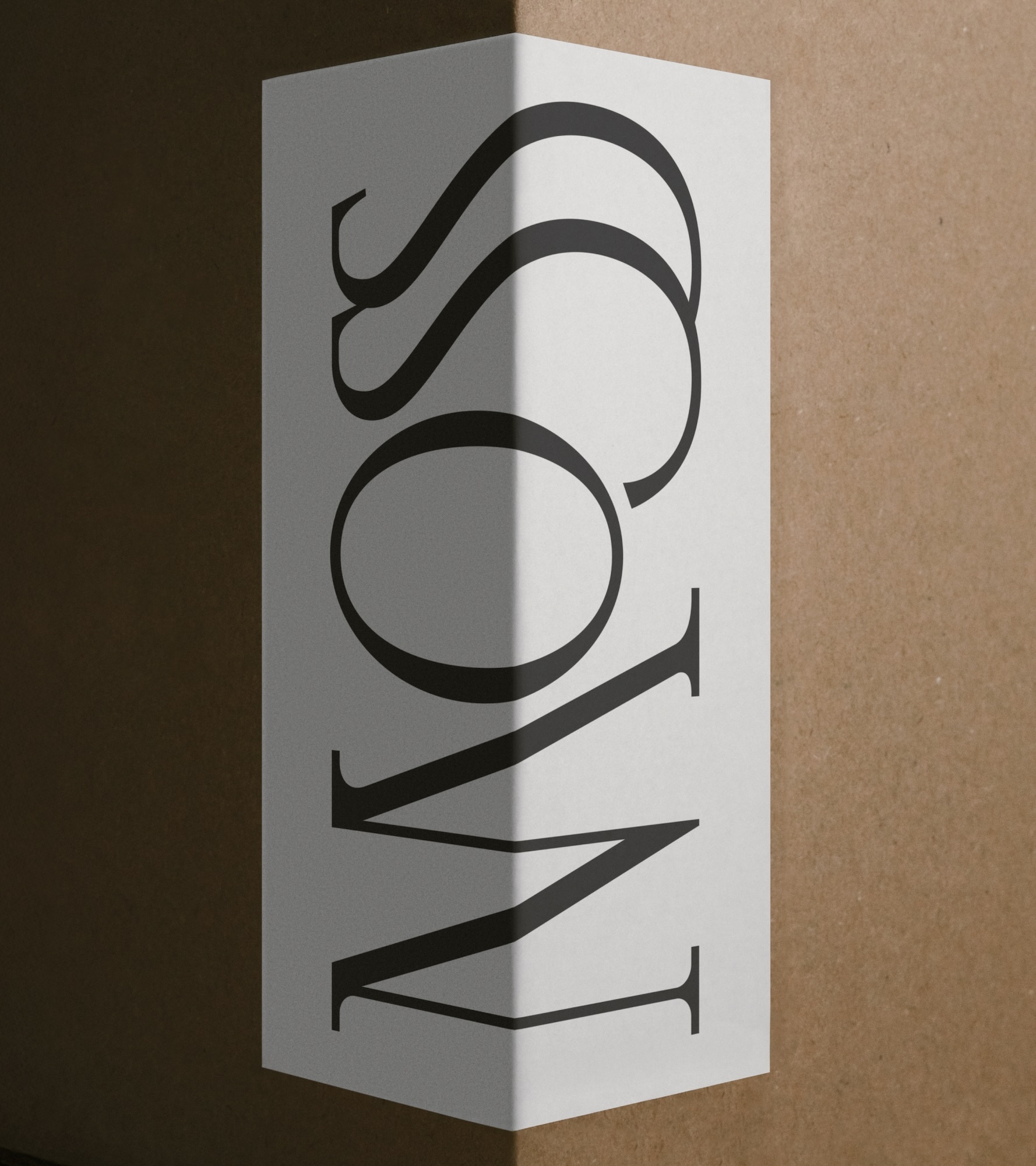 Vertical composition of a cardboard box featuring a white label with vertical black typography reading MOSS.