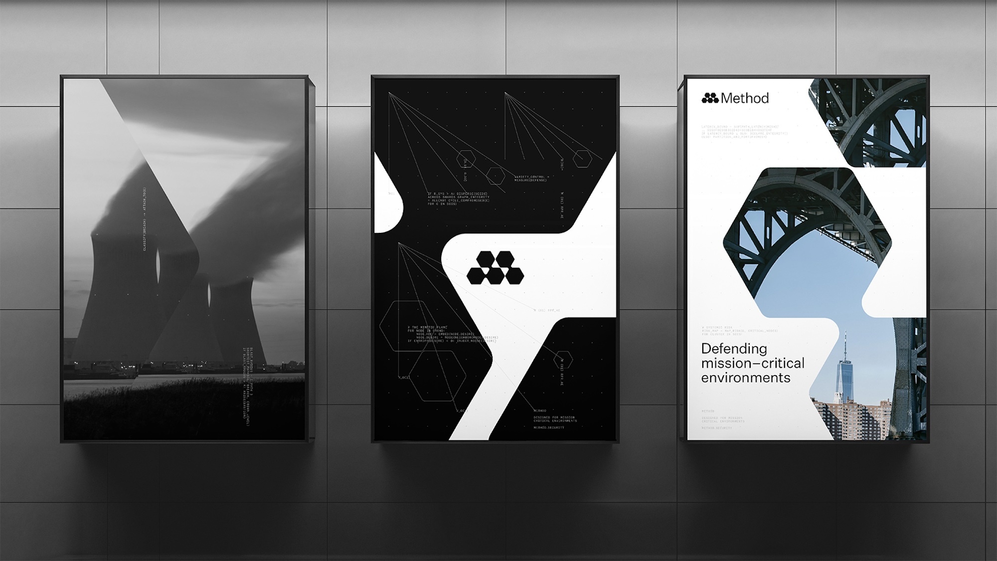 Three framed posters mounted on a grey tiled wall displaying brand identity designs with black and white graphics and architectural photography.