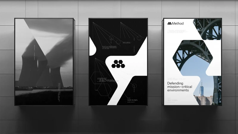 Three framed posters mounted on a grey tiled wall displaying brand identity designs with black and white graphics and architectural photography.