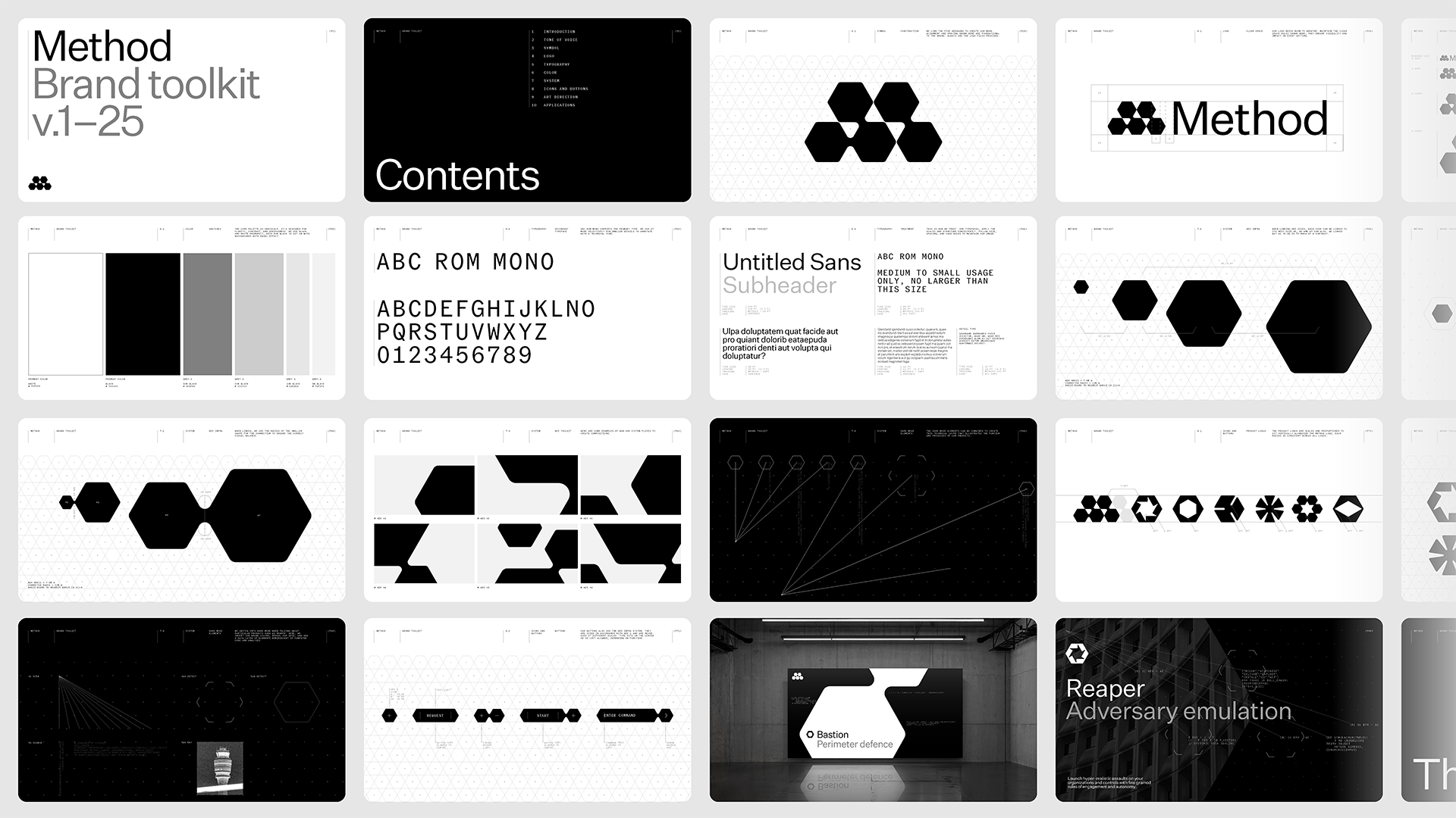 A multi-panel brand toolkit presentation showing typography, graphic elements, and logo layouts in black and white.