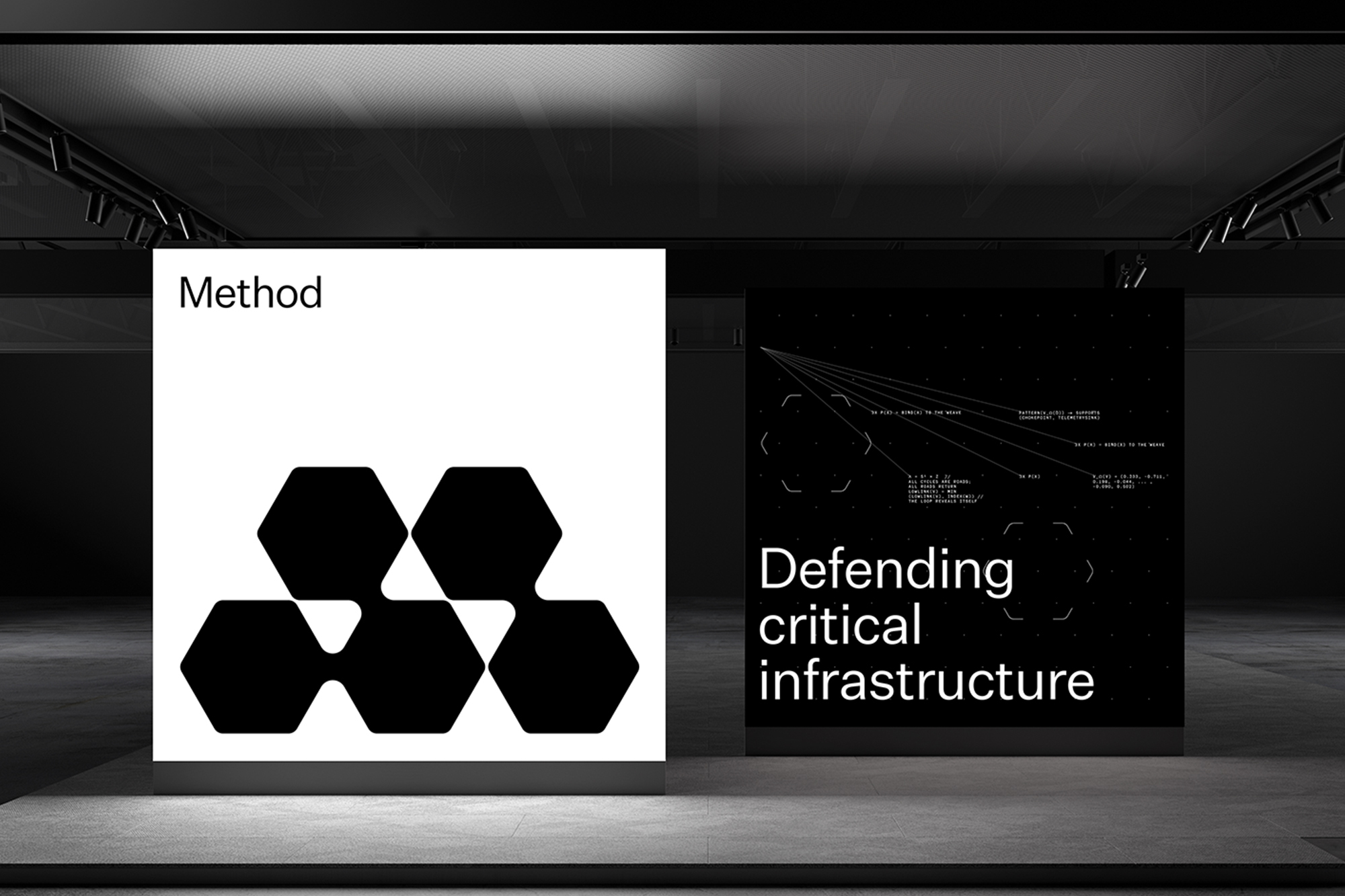Digital brand identity display showing Method logo on a white panel next to a dark infrastructure interface panel in an exhibition space