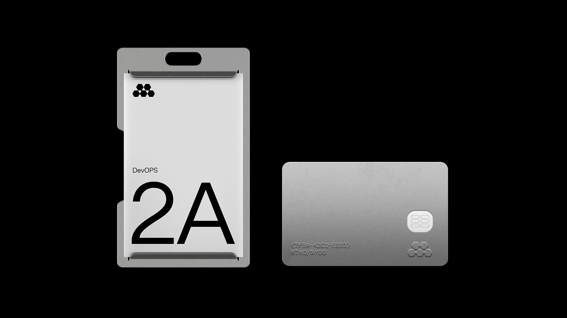 Method brand identity design featuring a vertical ID badge holder displaying DevOps 2A and a metallic card against a solid black background