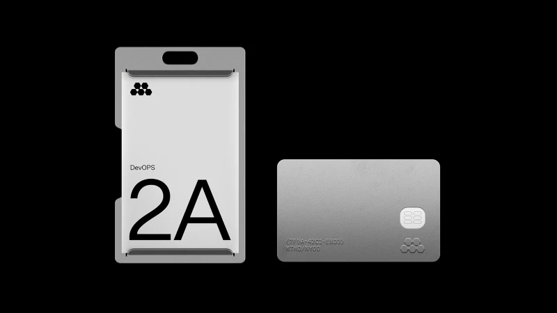 Method brand identity design featuring a vertical ID badge holder displaying DevOps 2A and a metallic card against a solid black background