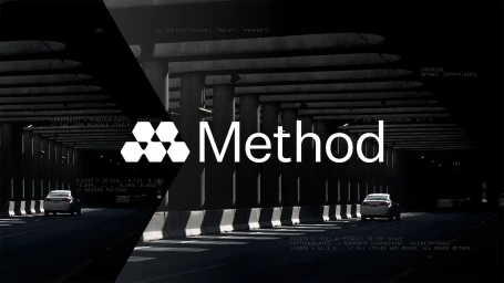 Method brand logo and wordmark overlaid on an industrial highway tunnel underpass with cars and concrete pillars.