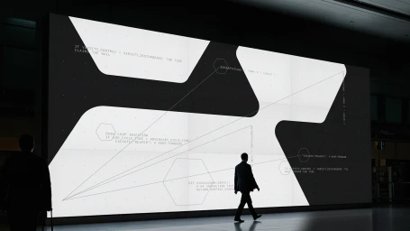 Man in dark suit walking in front of a massive abstract digital display screen showing geometric graphics and technical code text.