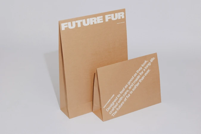Two brown paper bags with white typography branding set against a clean white seamless studio background.