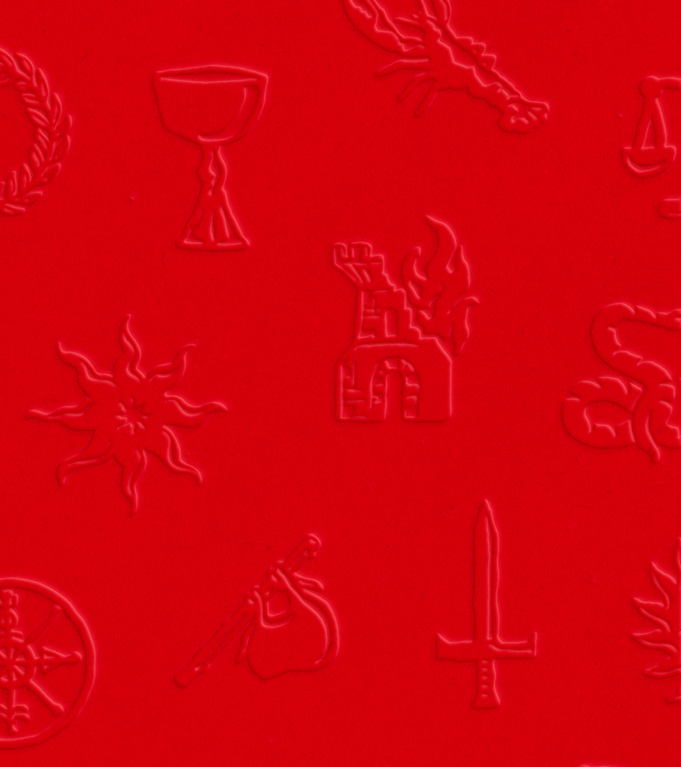 Vibrant red embossed surface featuring various tactile symbolic icons like a chalice, sword, and tower for Netflix brand identity.