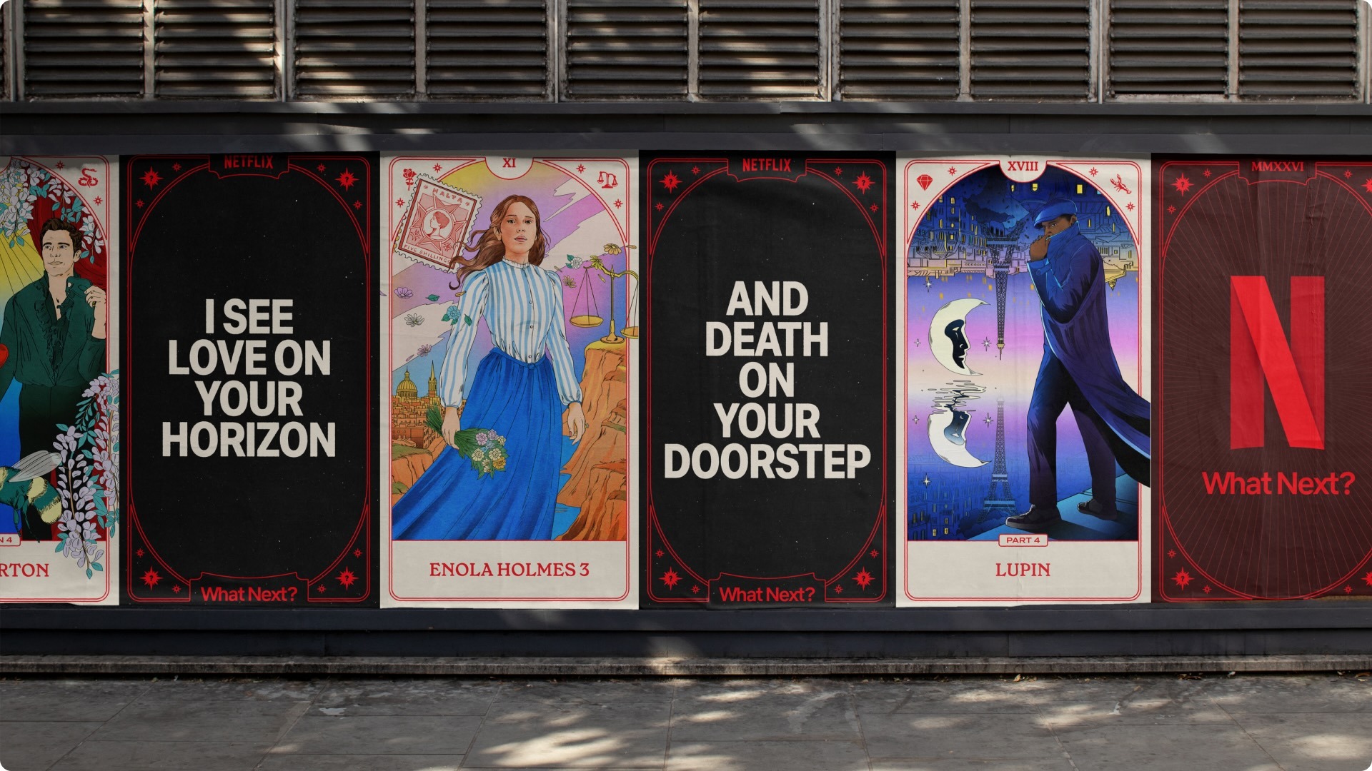 Outdoor advertising display featuring a row of tarot card style posters for Netflix series by María Jesús Contreras and Los York