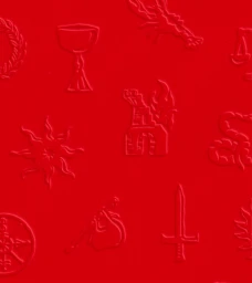 Vibrant red embossed surface featuring various tactile symbolic icons like a chalice, sword, and tower for Netflix brand identity.