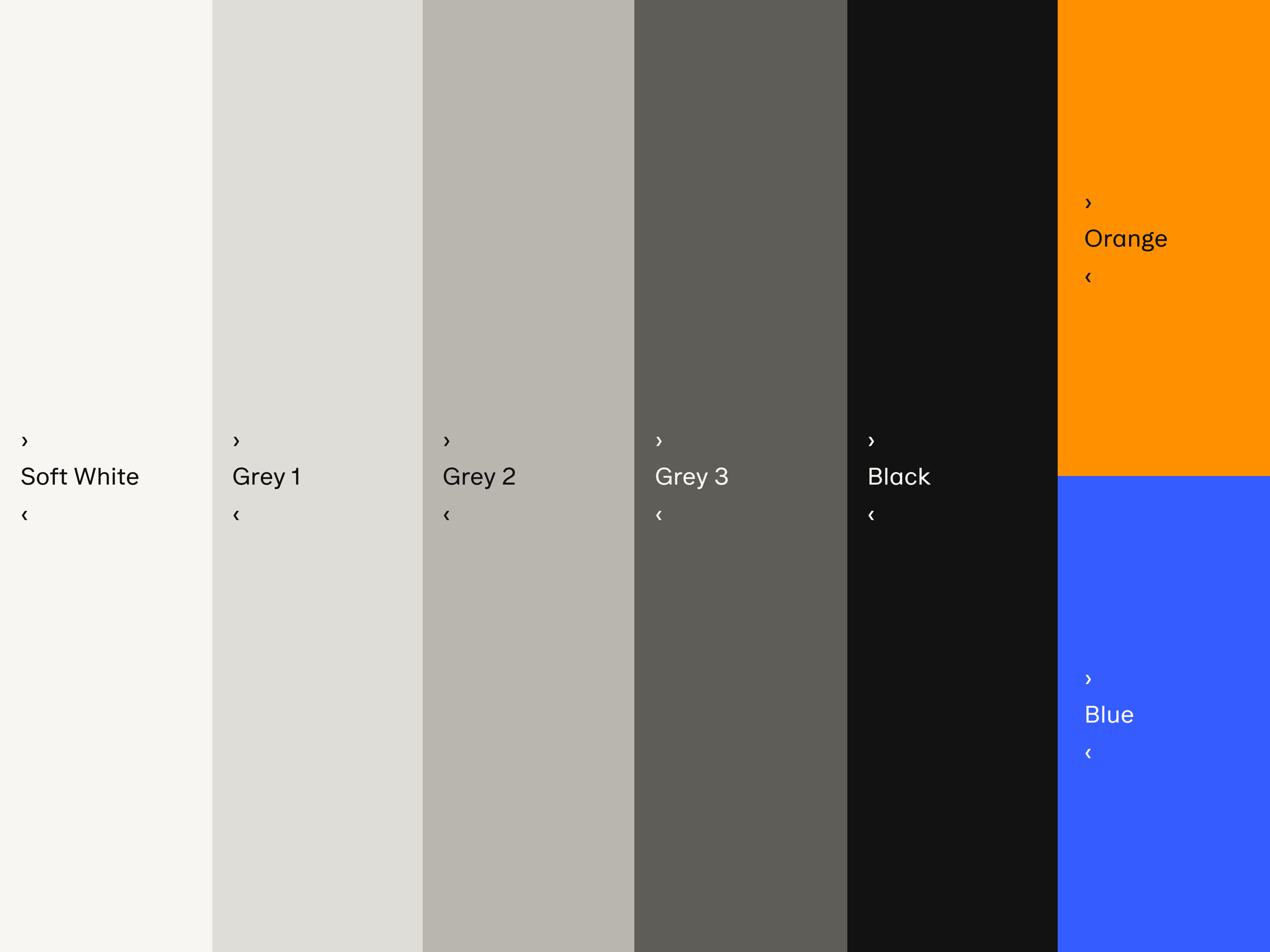 Brand identity color palette showcasing vertical color swatches ranging from soft white and various shades of grey to black, orange, and blue.
