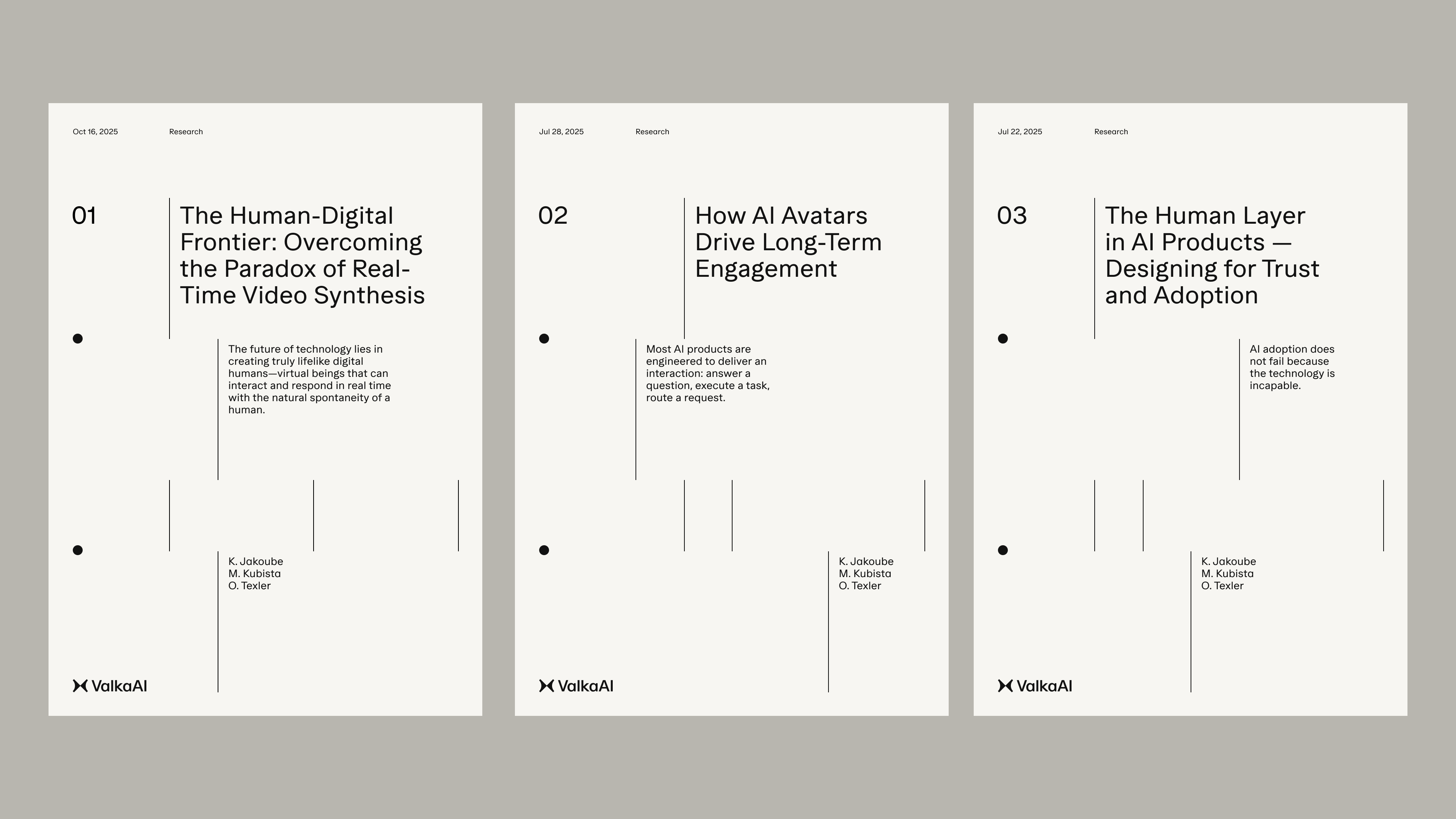 Three minimalist research document layouts with black typography on white pages featuring ValkaAI branding.