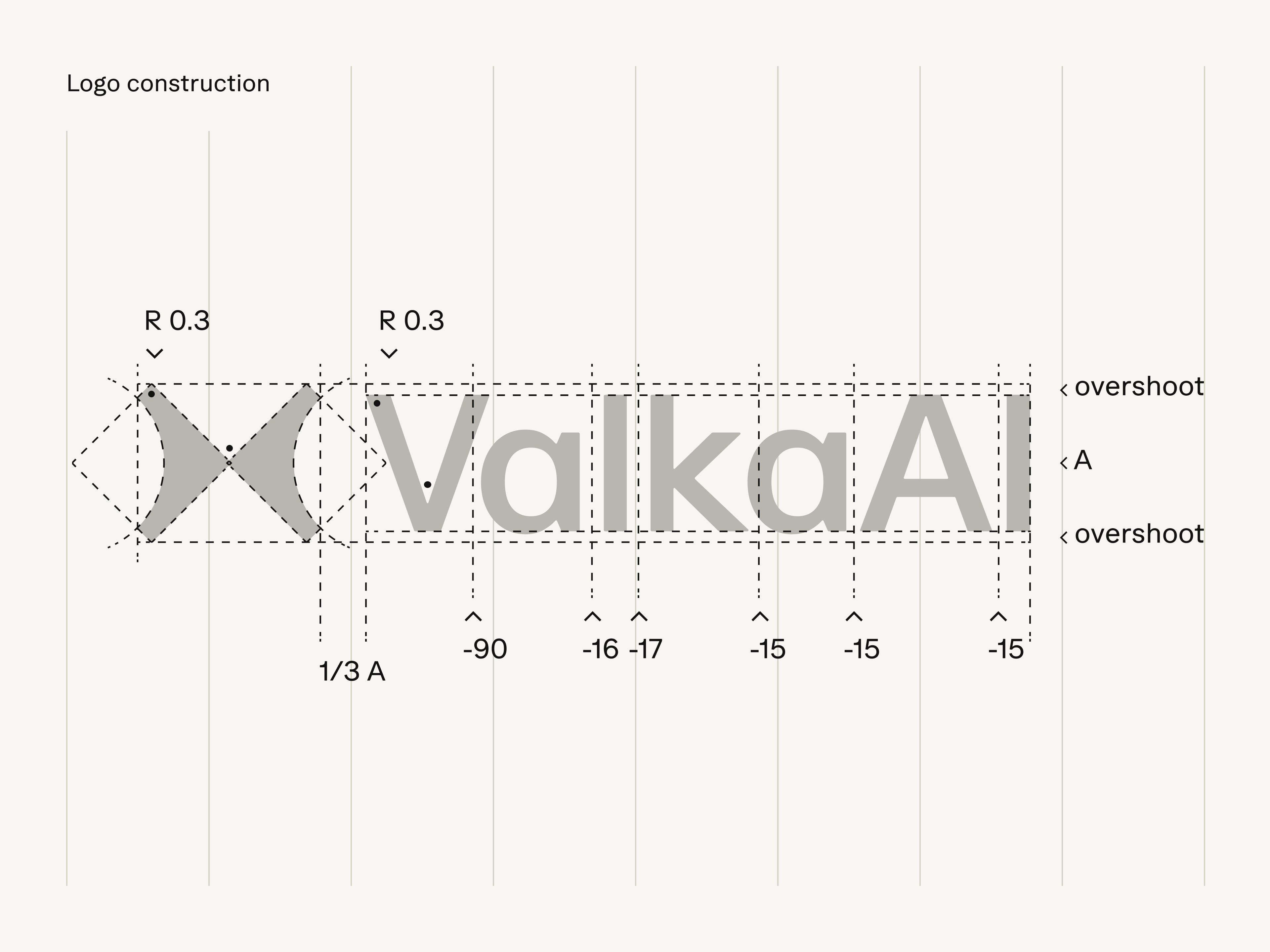 Logo construction grid showing geometric measurements and typography guidelines for ValkaAI brand identity.