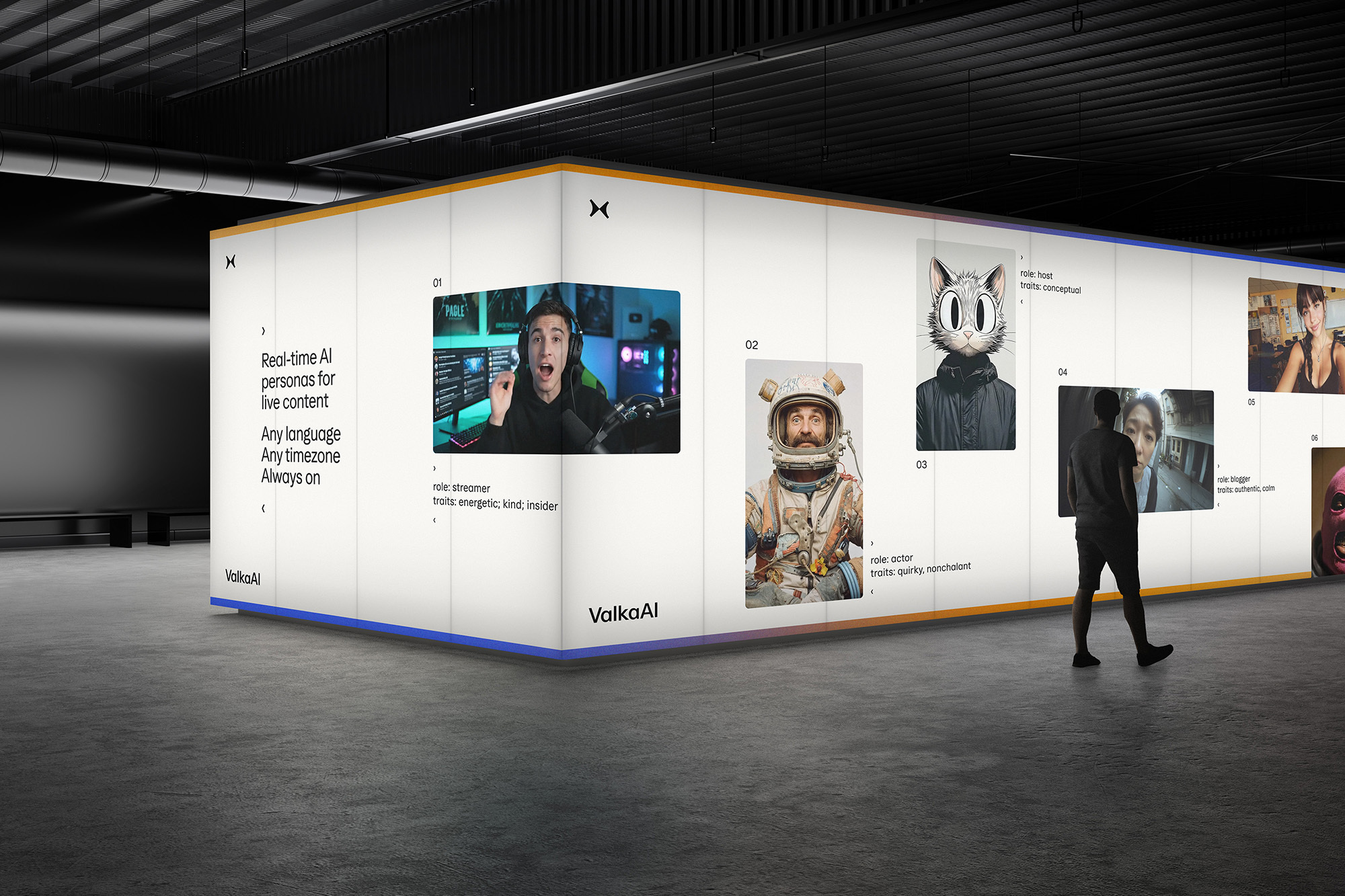 A person walking past a large illuminated display wall showcasing digital AI personas in a modern industrial concrete interior.