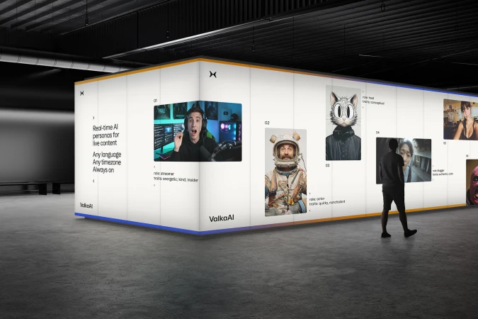 A person walking past a large illuminated display wall showcasing digital AI personas in a modern industrial concrete interior.