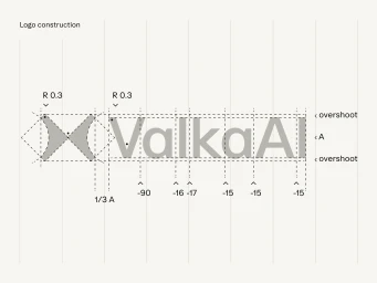 Logo construction grid showing geometric measurements and typography guidelines for ValkaAI brand identity.
