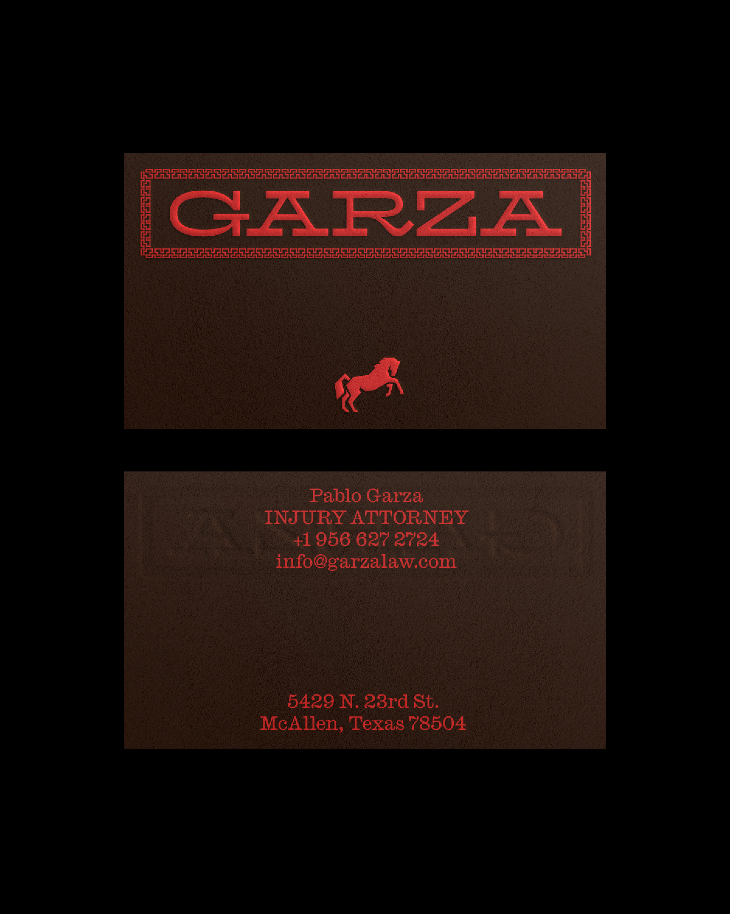 Garza Law business card design featuring brown textured cards with red lettering and a horse logo.