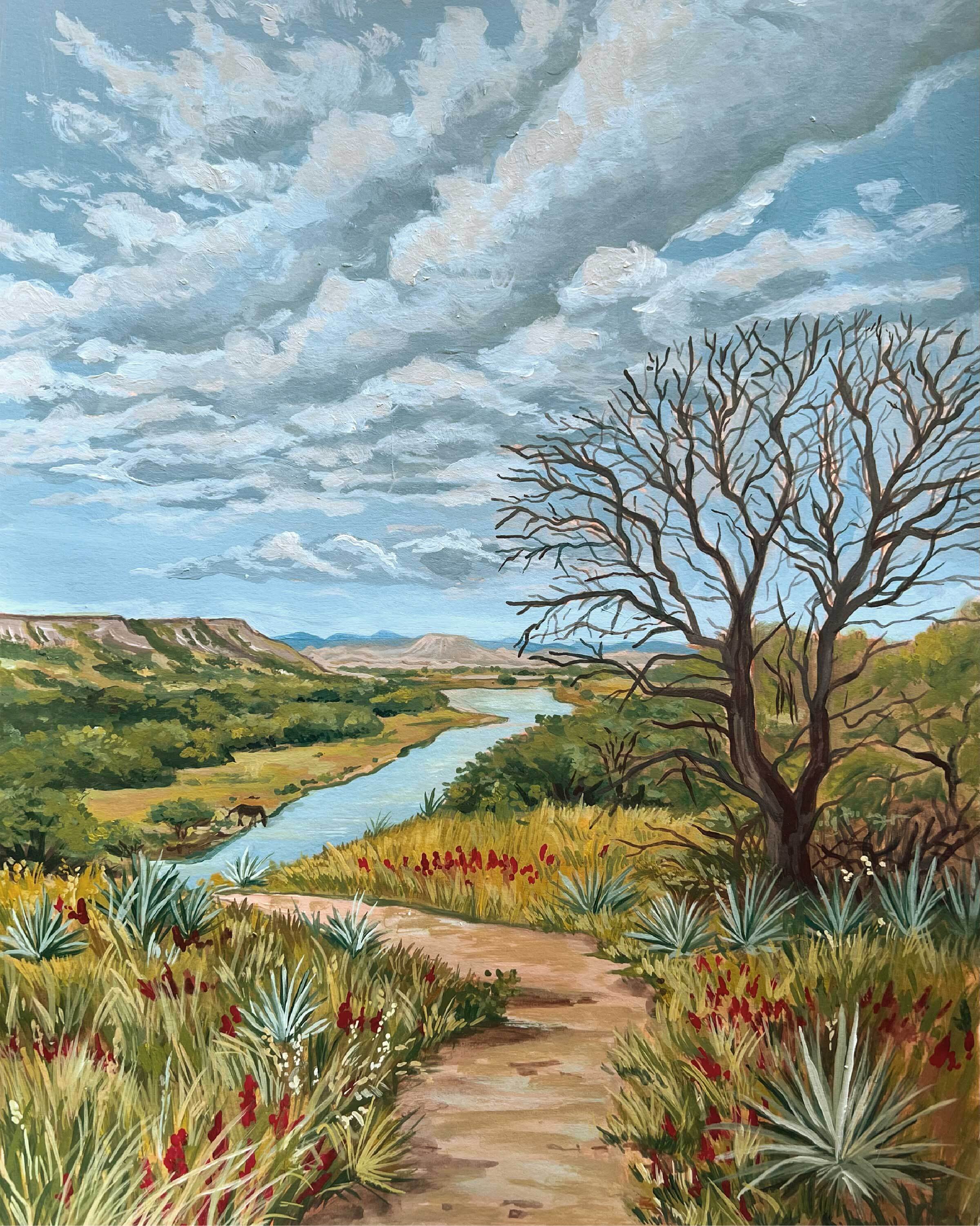 Acrylic painting of a winding river landscape with a bare tree, path, and dramatic cloudy sky by Garza Law.