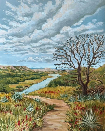Acrylic painting of a winding river landscape with a bare tree, path, and dramatic cloudy sky by Garza Law.