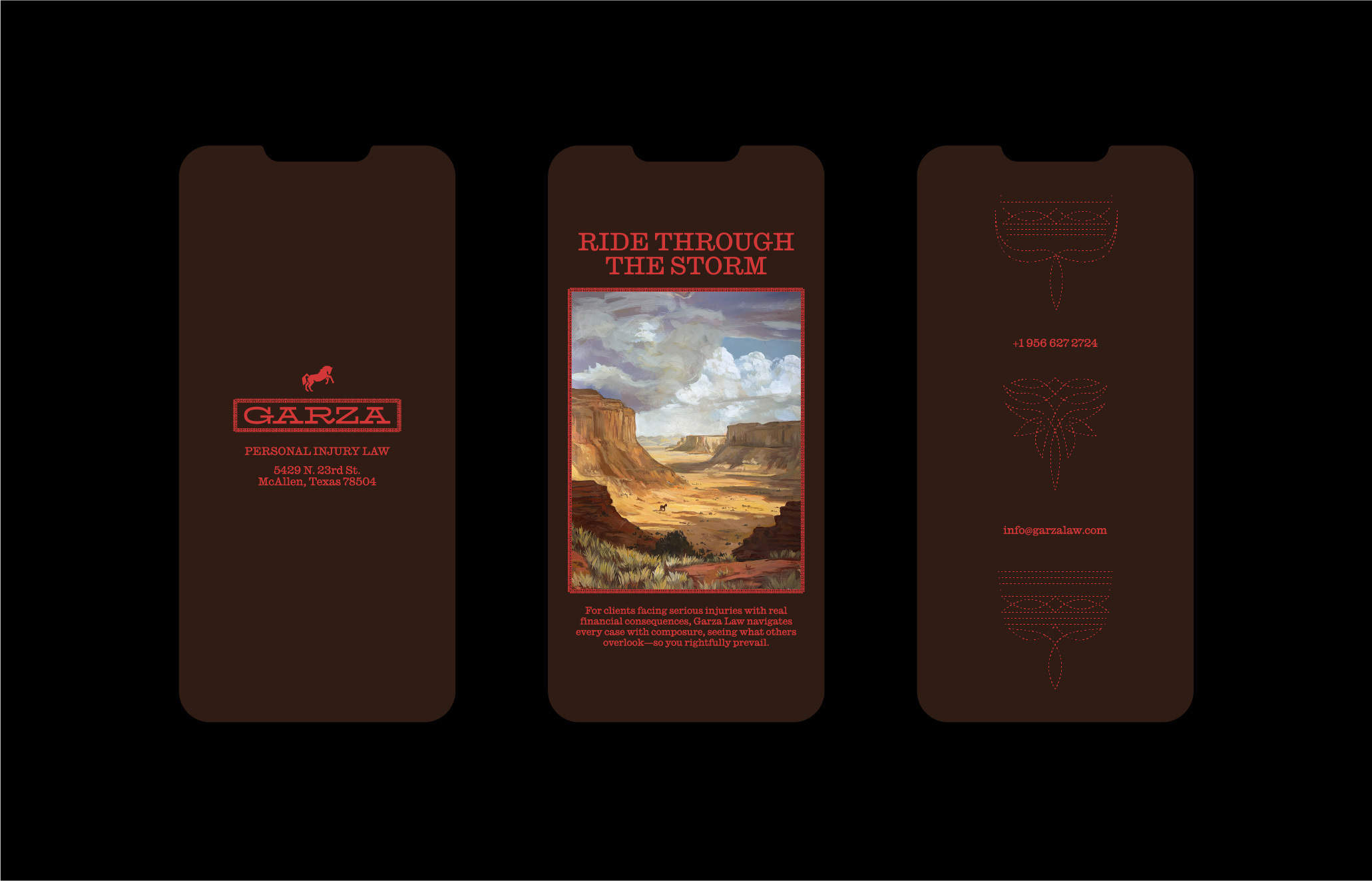Three smartphone mockups displaying dark brown branding identity design with red text and a western landscape illustration for Garza Law