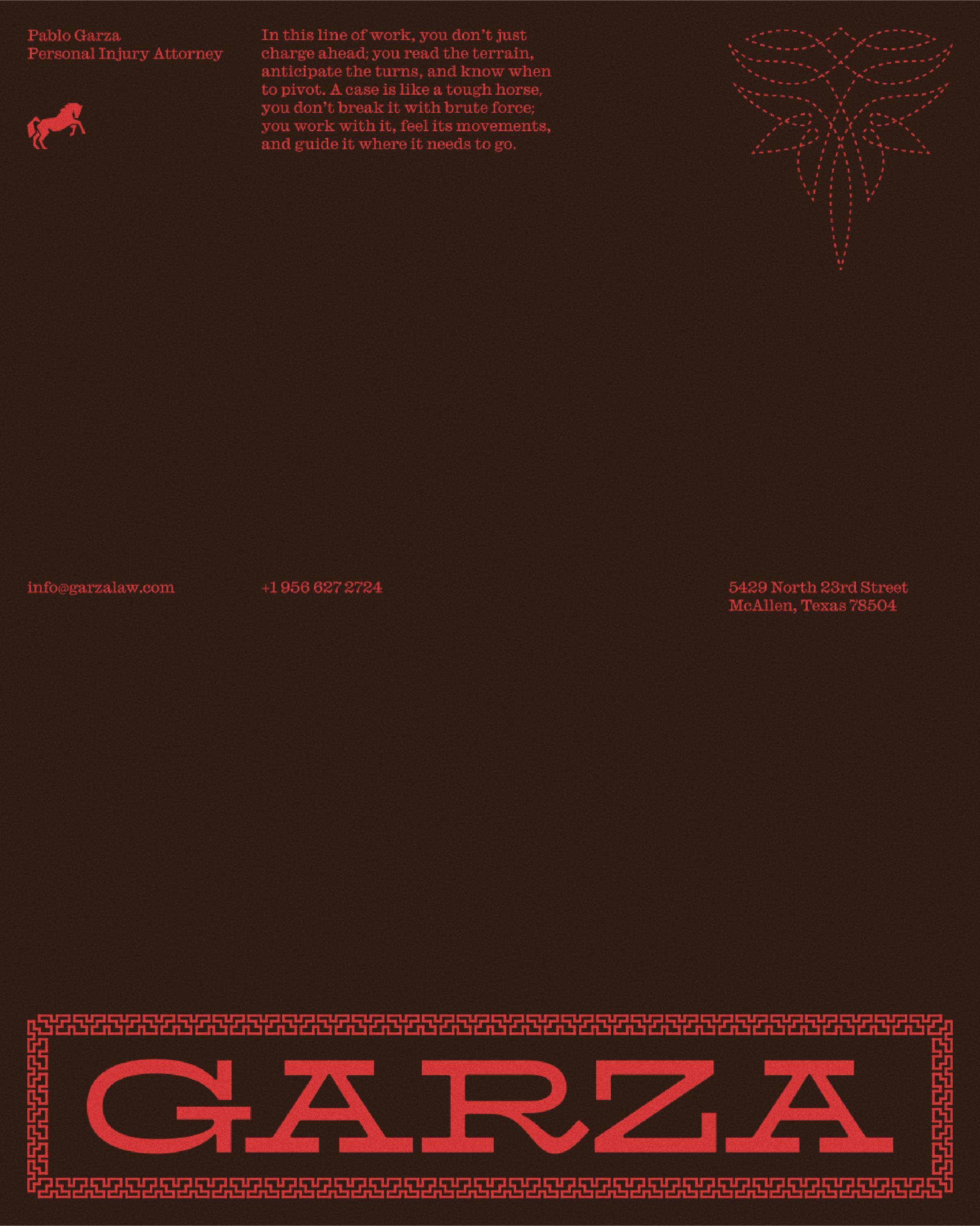 Dark brown background stationery letterhead featuring red typographic elements and a small horse icon for Garza Law.