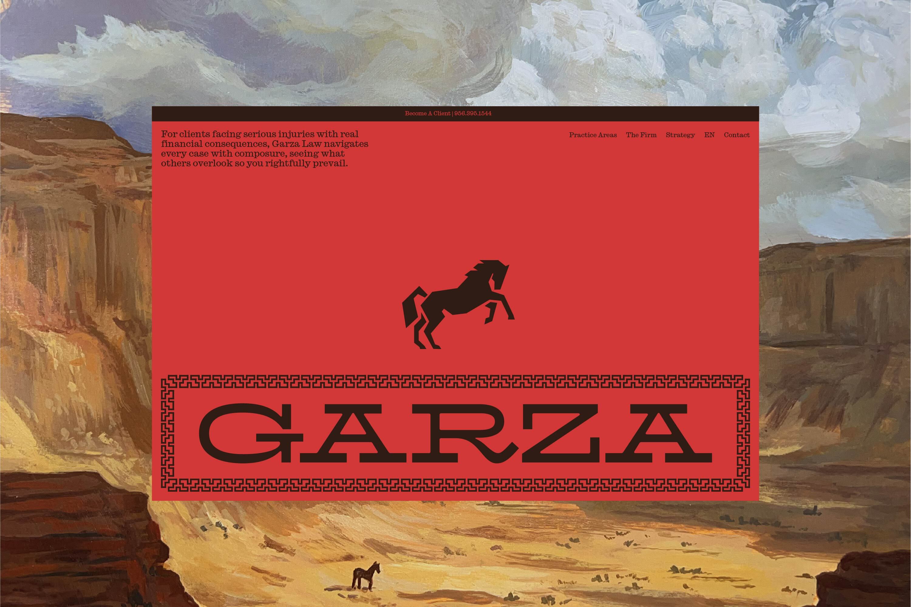 Garza Law brand identity website interface on a red background featuring a rearing horse logo over a canyon landscape painting