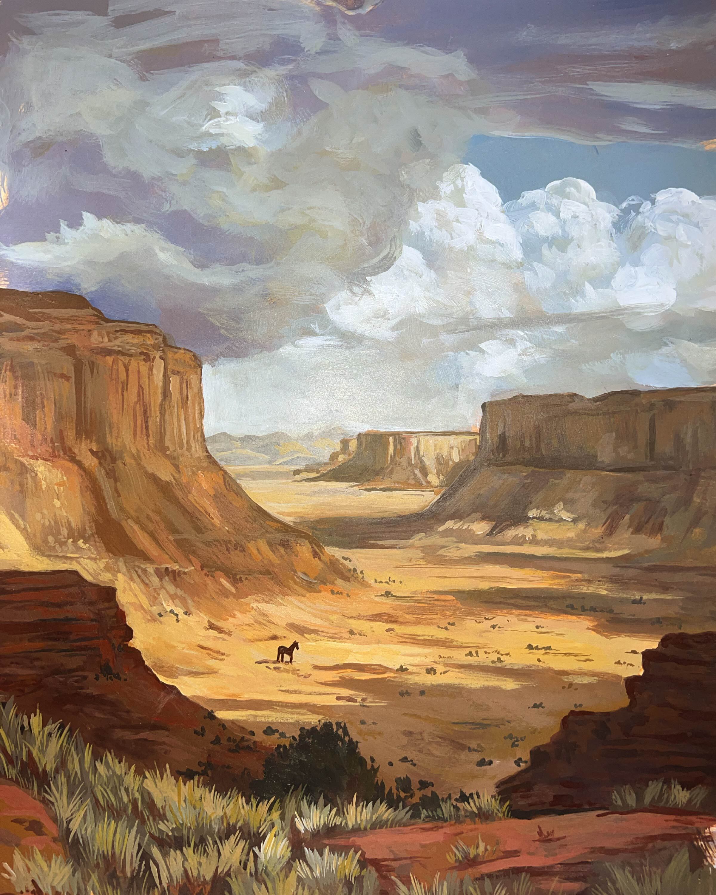 An oil painting of a vast desert canyon landscape with towering sandstone cliffs and a small horse standing in the valley below under a cloudy sky.