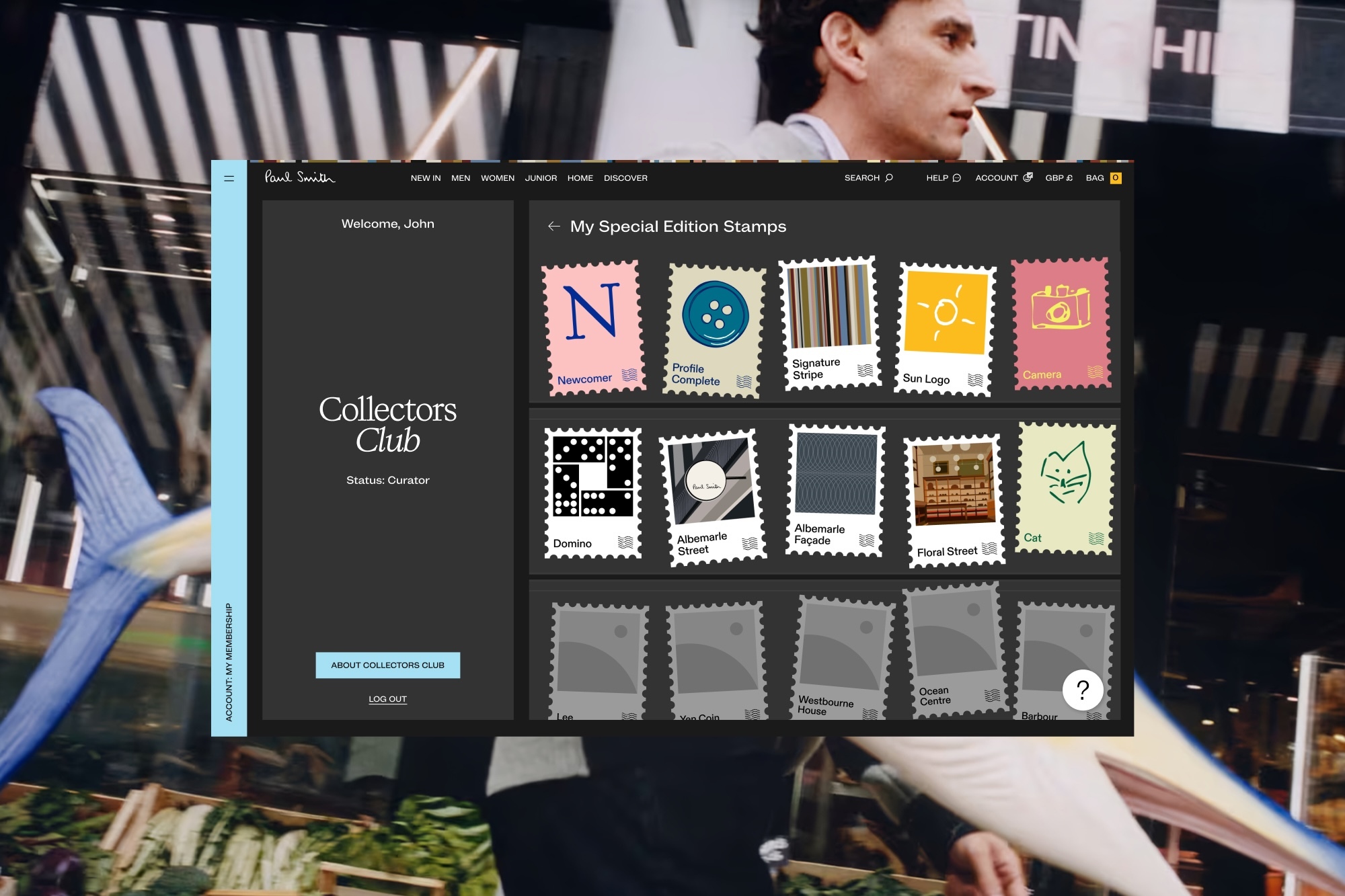 Digital interface mockup showing Paul Smith Collectors Club stamp rewards overlaid on a blurred background scene