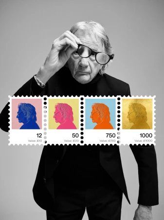 Portrait of Paul Smith wearing a dark jacket, holding up glasses, partially overlaid with a row of colorful postage stamp graphics.