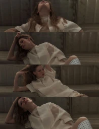 Four-panel editorial composition of a model in white attire reclining against a textured olive green leather booth.